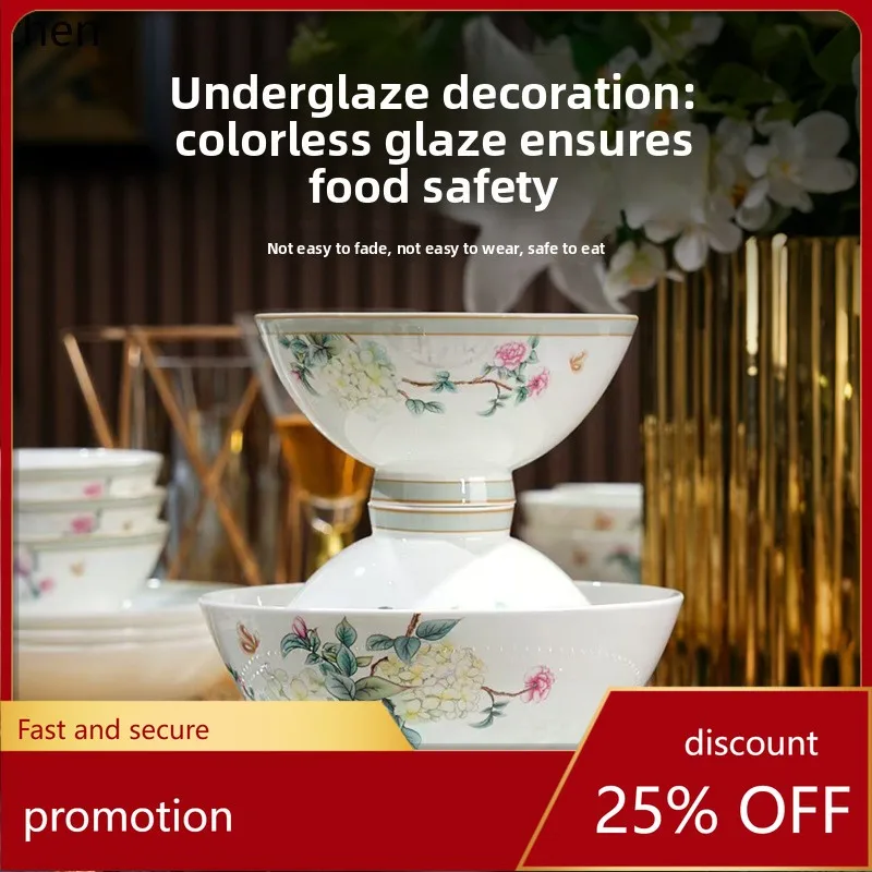 

HT New Underglaze Color Household Tableware Set, New Chinese Style Ceramic Bowls, Plates, and Chopsticks for Housewarming