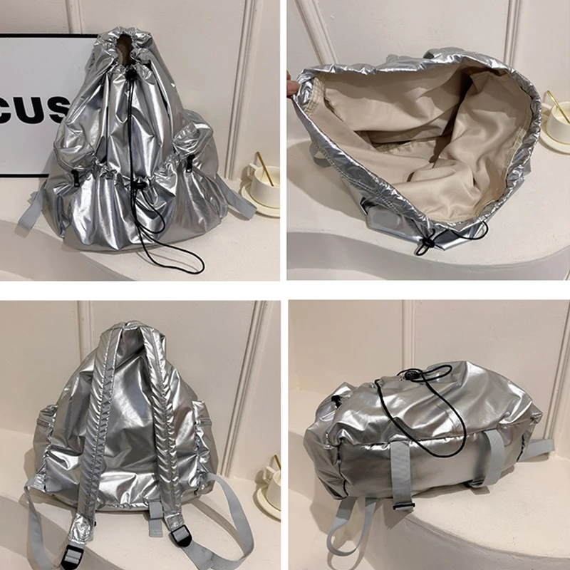 

Women's Travel Backpack Korean Style Large Capacity Drawstring Pleated Silver Backpack Fashion Trendy Casual School Bags NEW
