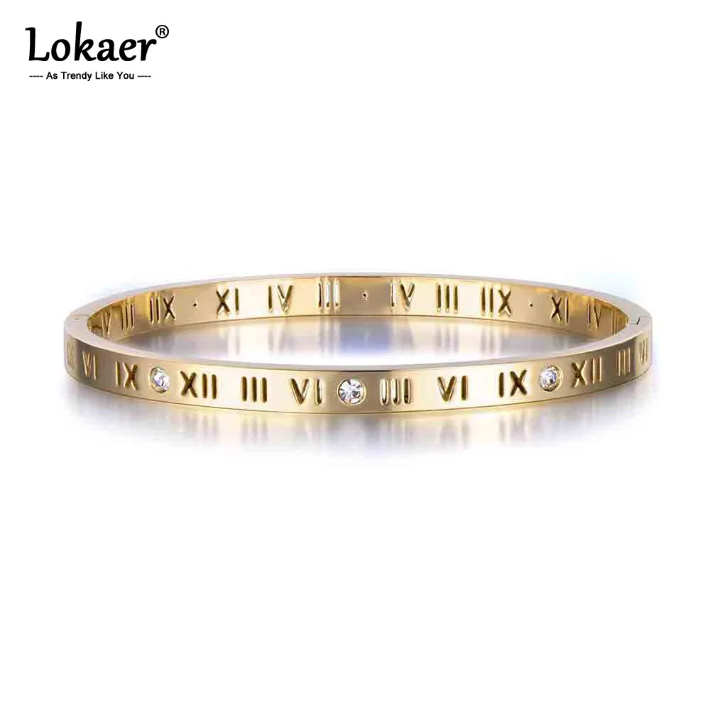 Lokaer Roman Numerals Bangles Rings Jewelry Sets 18K Gold Plated Stainless Steel Cubic Zirconia Wedding Ring Bangle Sets B17050