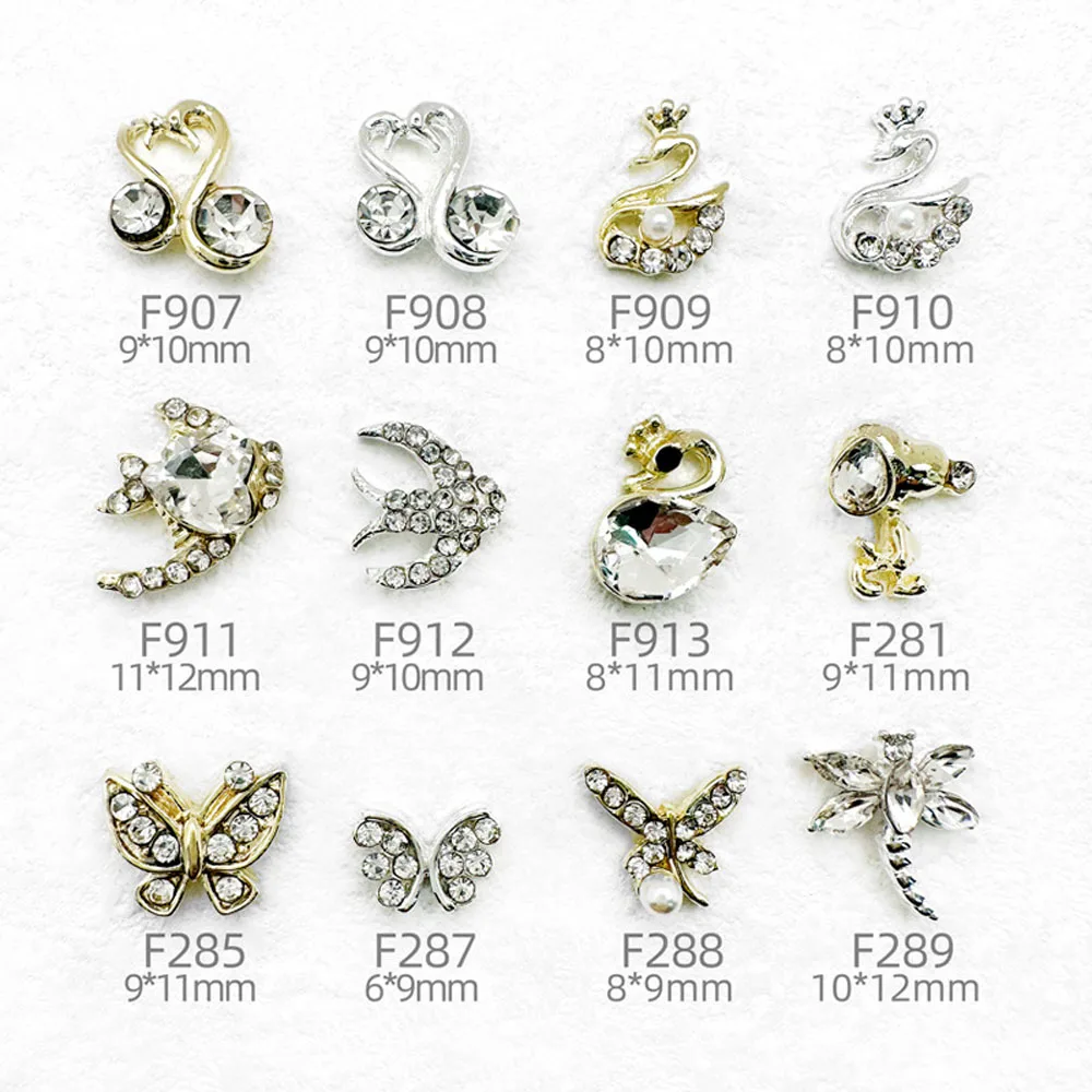

10Pcs/lot 3D Alloy Swan/Butterfly/Dragonfly Nail Art Charms Animal Design DIY Rhinestone Gold/Silver Nail Jewelry Accessories
