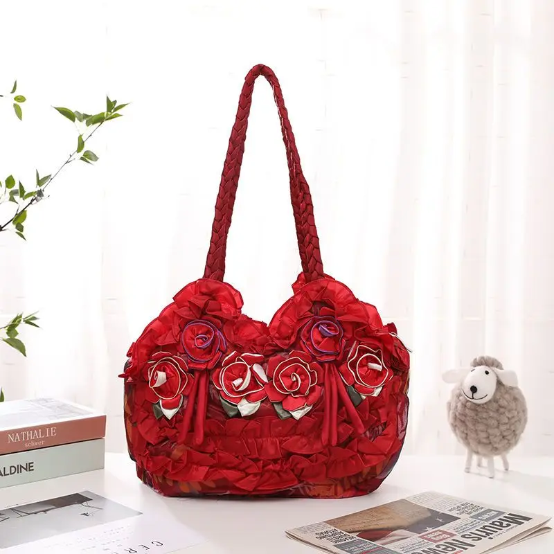 Large Capacity Women Shoulder Bag New Women Handbag Three-Dimensional Flower Bag Han Chinese Clothing Bag Silk Cloth Bag