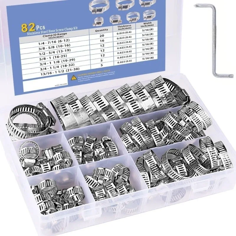 

82PCS Hose Clamp Combination Stainless Steel Worm Gear Hose Clamp Adjustable 6-38mm