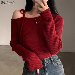 Maglione rosso abbigliamento donna colletto obliquo irregolare tunica a maniche lunghe Pull Femme maglione con fasciatura coreana pullover lavorati a maglia Casual