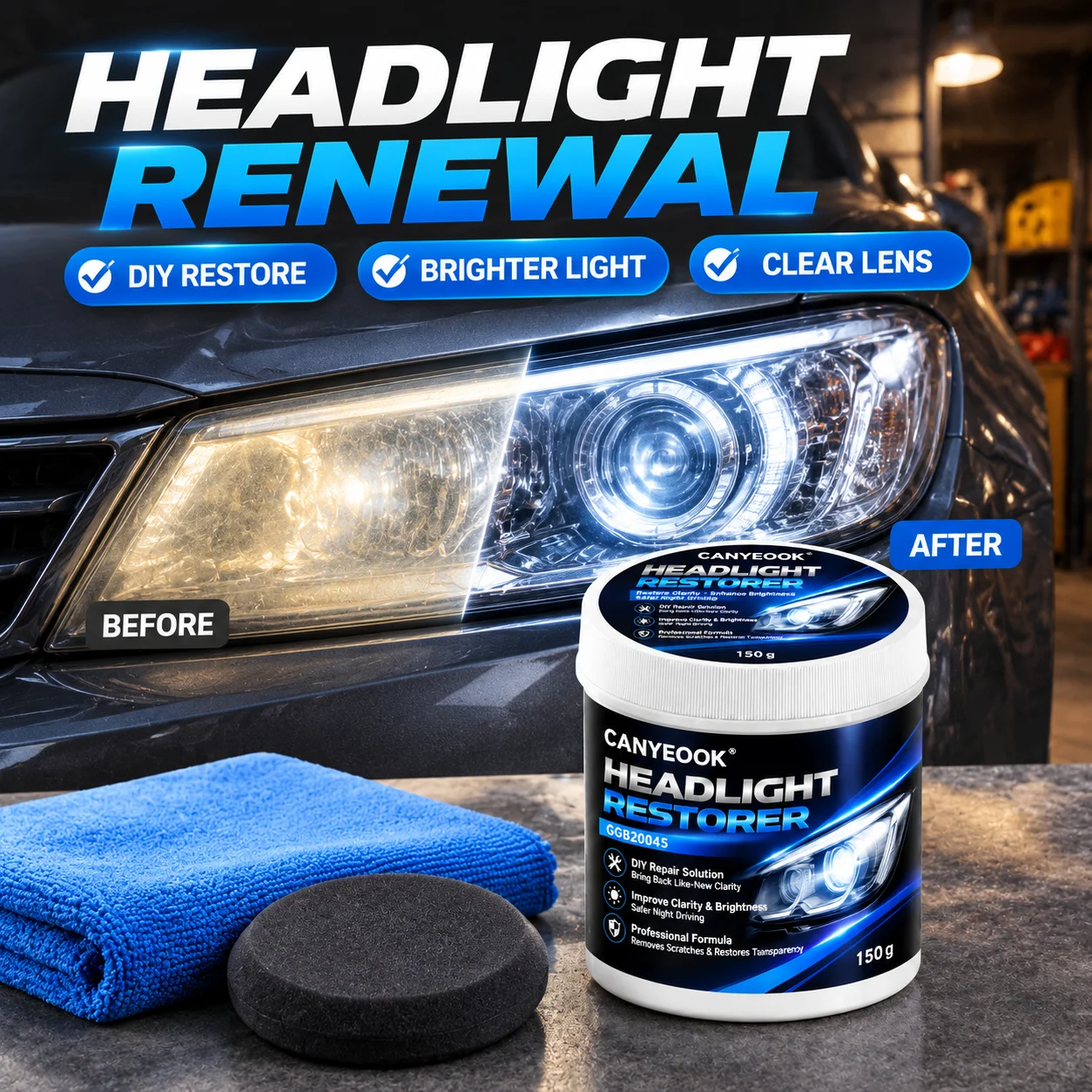 CANYEOOK Headlight Restoration 150g, DIY Fix Yellow Foggy Headlights, Remove Scratches, Restore Clarity & Brightness for Safe
