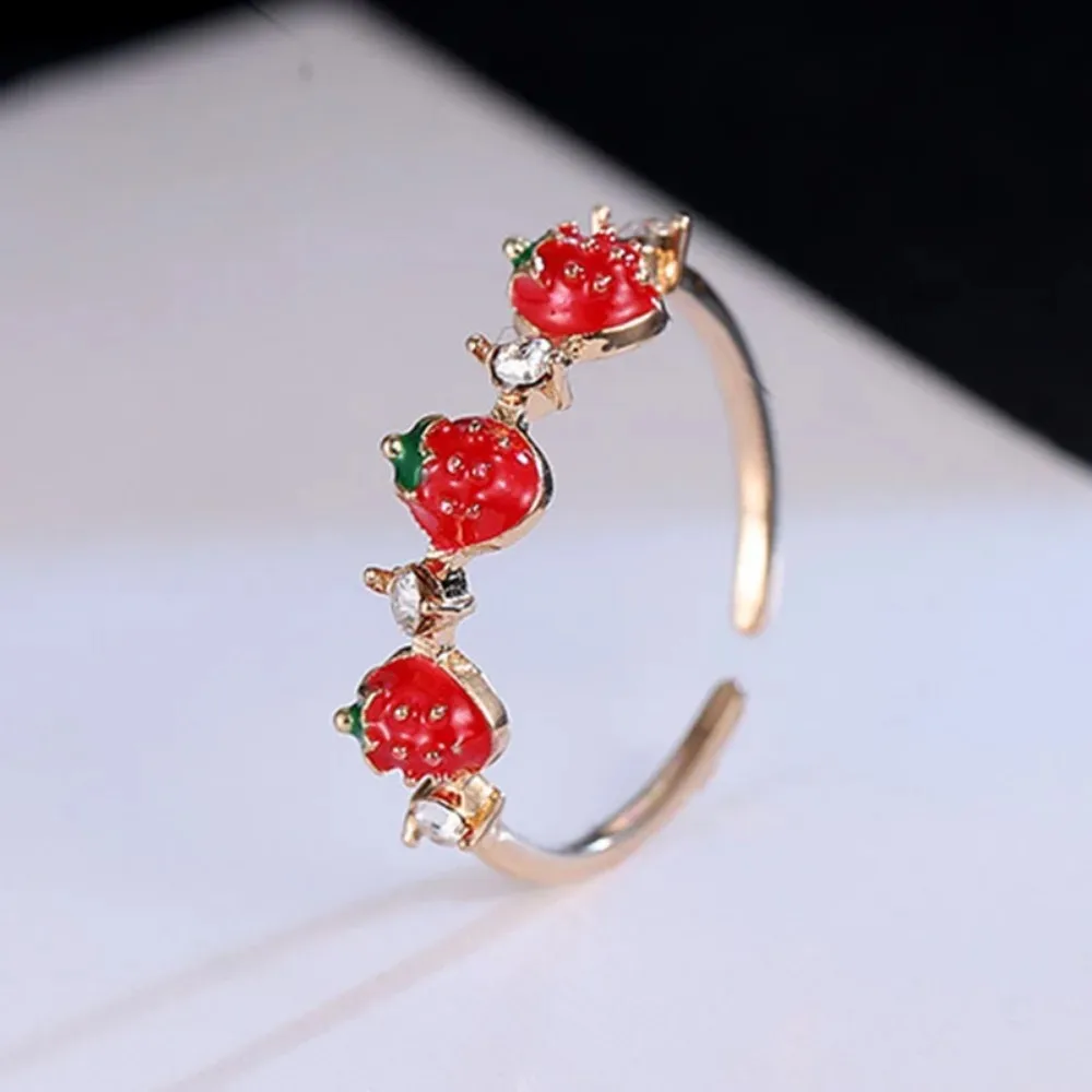 New Fashion Strawberry Enamel Open Rings for Women, Inlaid Zircon Adjustable Dripping Oil Finger Jewelry
