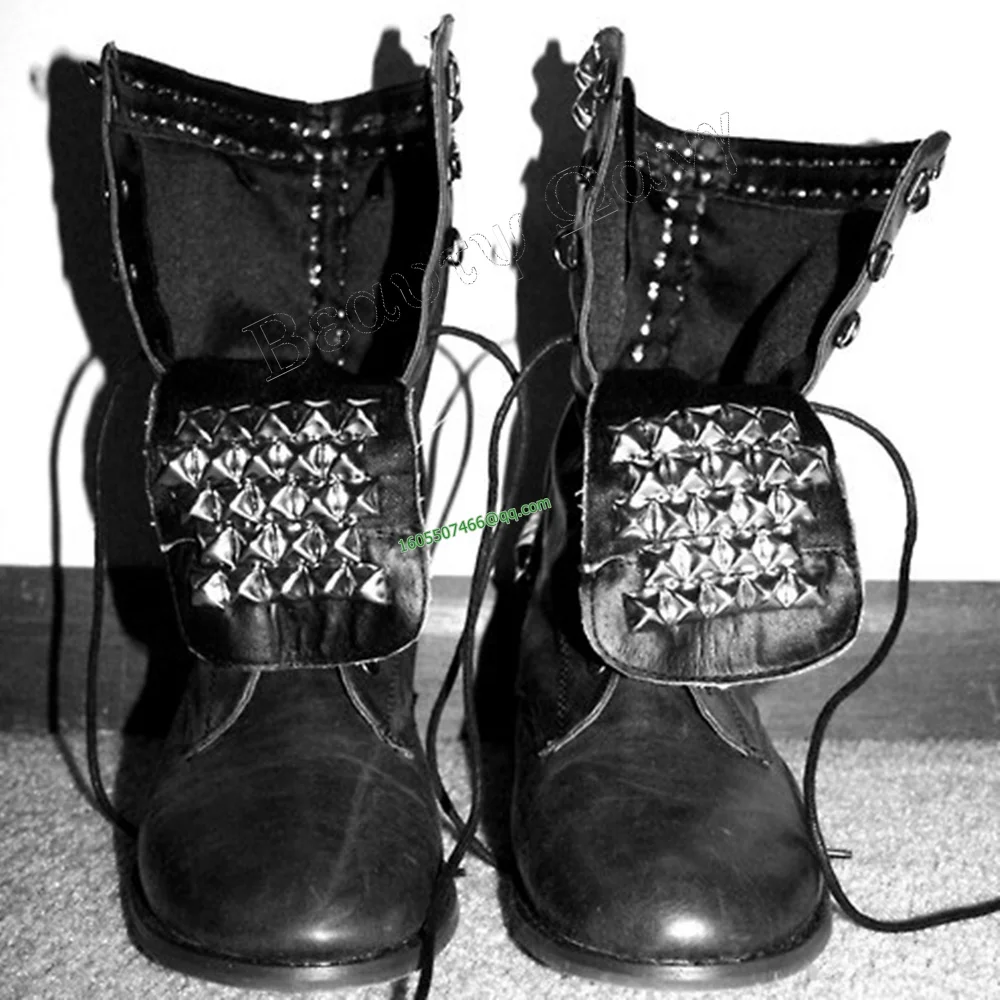 

Black Front Lace up Ankle Knight's Boots Solid Soft Leather Round Toe High Men Shoes for Men Shoes Zapatos Para Hombres