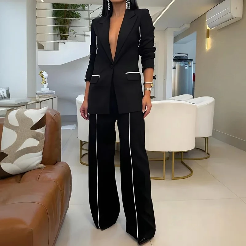 2025 New Deep V Neck Single Breasted Straight Leg Pants Fashion Casual Suit Women Temperament Commute Two Piece Set