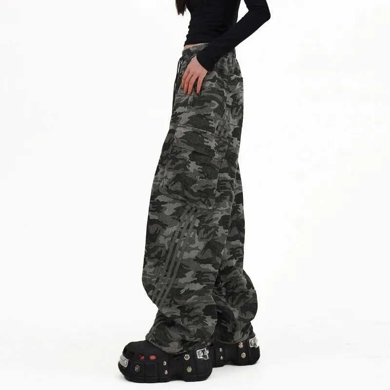 أو FL الأمريكية الرجعية واسعة الساق التمويه 100 القطن المرأة البضائع السراويل العصرية العلامة التجارية غسل مع المياه Staraight التمويه السراويل