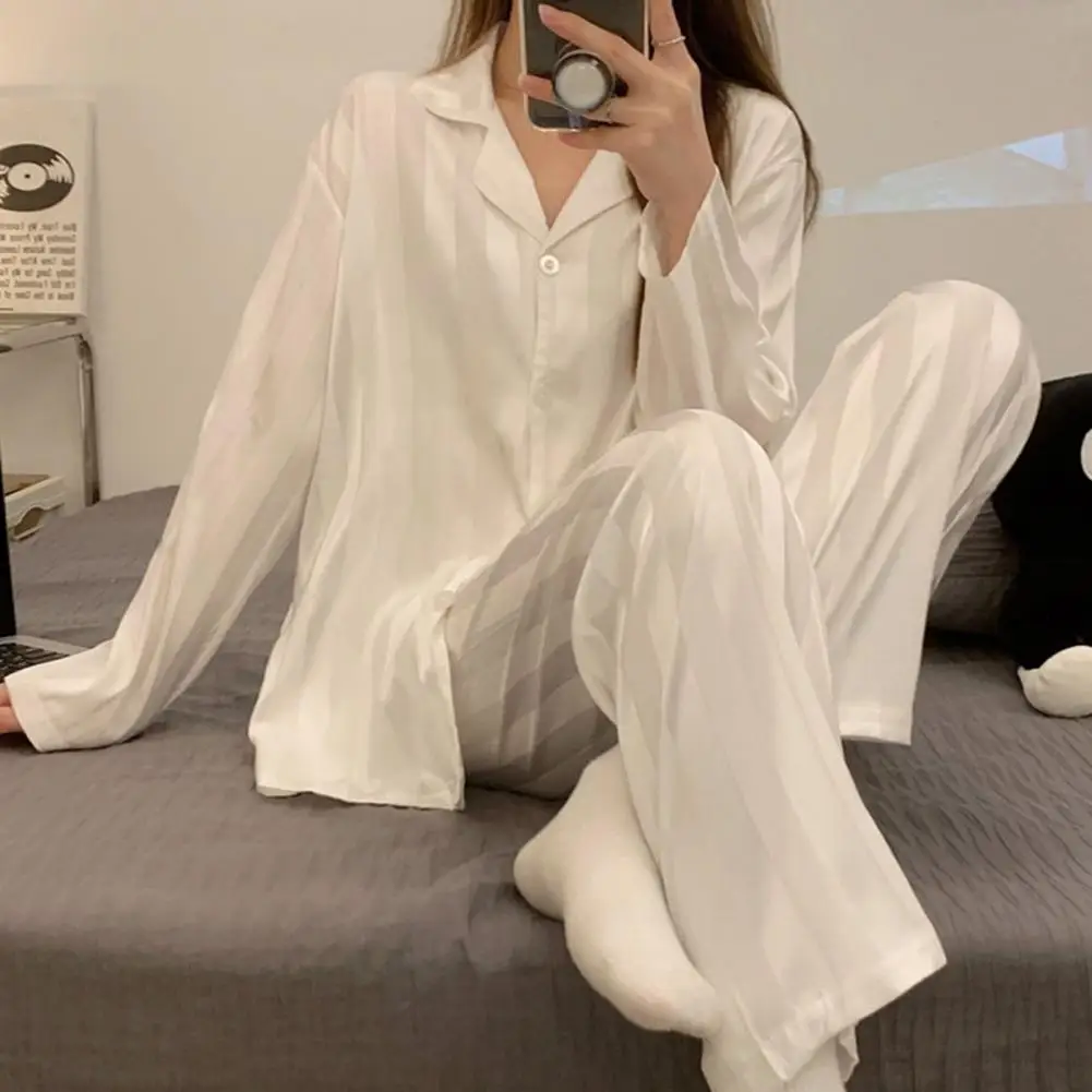 Women Lace Satin Pajama Set Women\'s Striped Silk Pajama Set with Long Sleeve Shirt Wide Leg Pants Spring/summer for Comfort