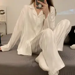 Women Lace Satin Pajama Set Women's Striped Silk Pajama Set with Long Sleeve Shirt Wide Leg Pants Spring/summer for Comfort