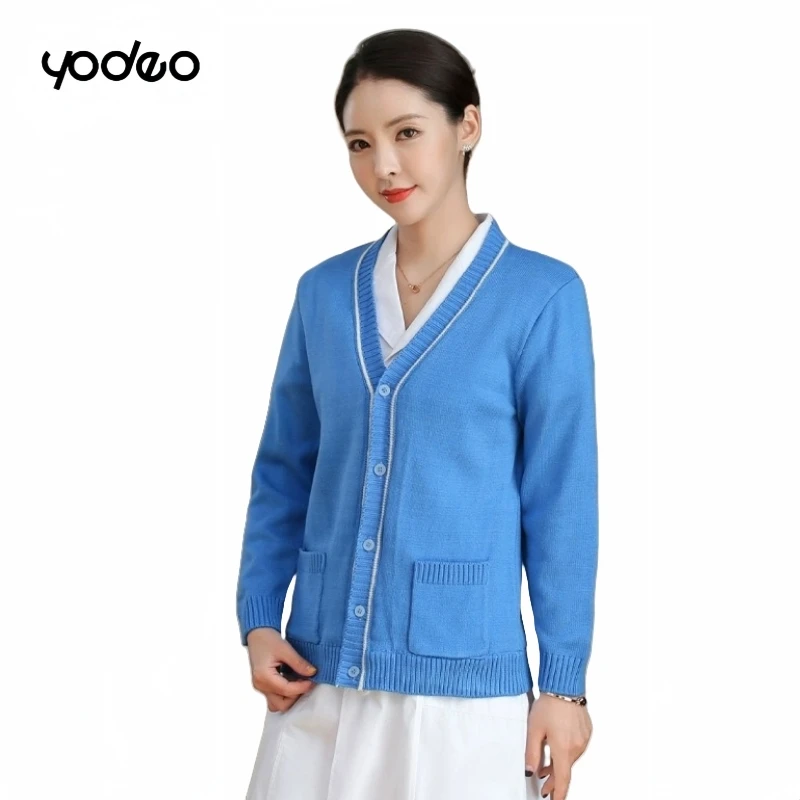 Hospital women nurse sweater coat thickened routine style windproof warm knitted cardigan, wear-resistant nurse working clothes