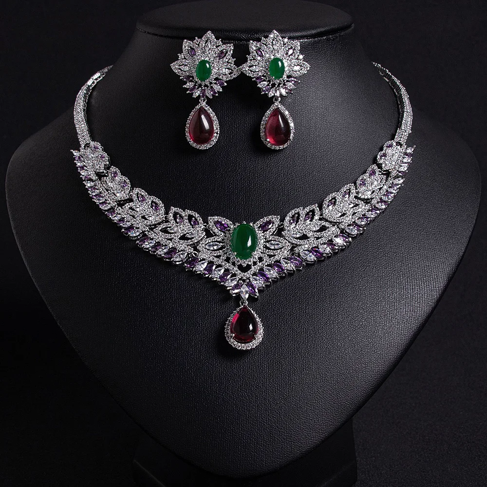 

2pcs Luxury Bridal Wedding Necklace Earrings Waterdrop Zircon Jewelry Set for Women Silver Color Bride Party Prom Accessories