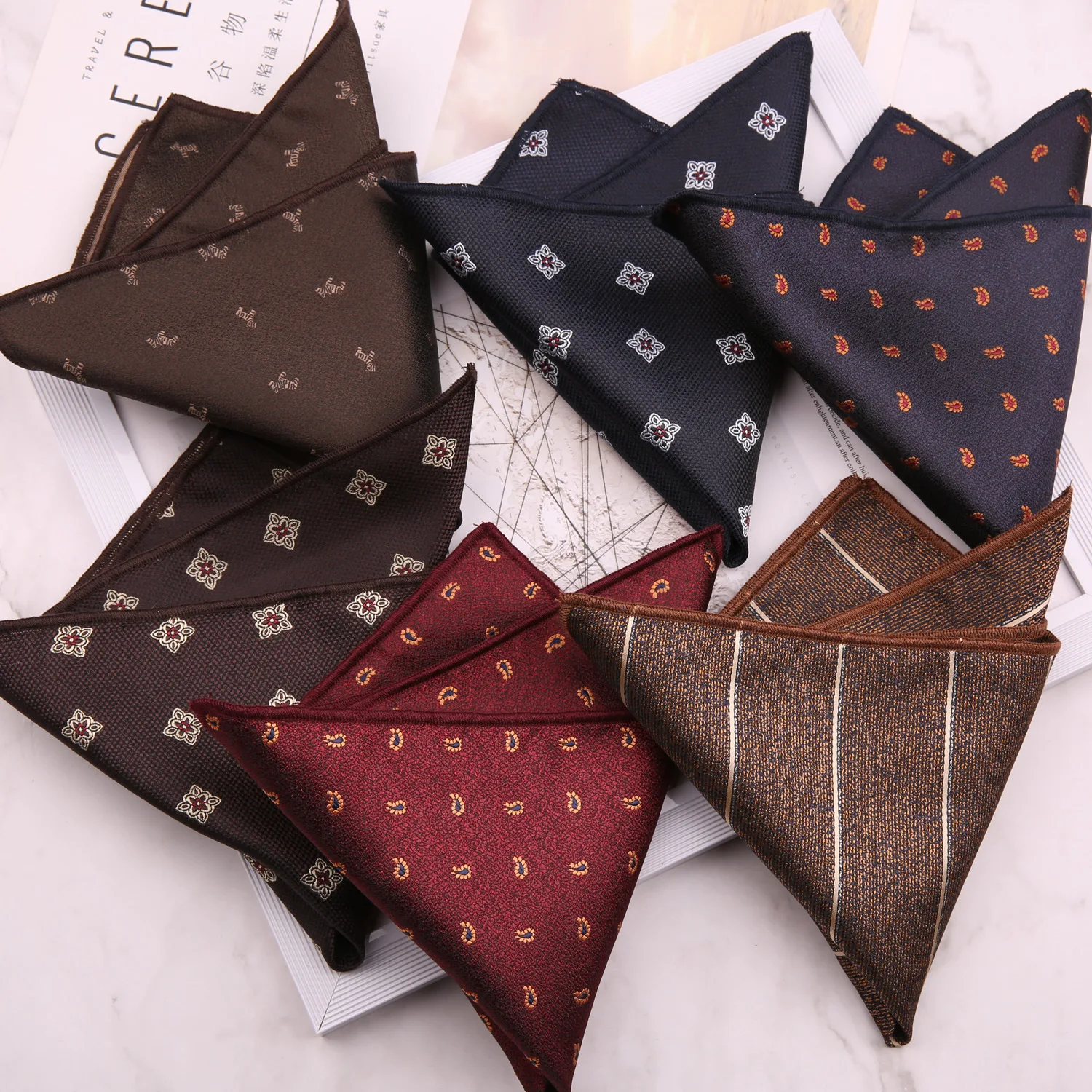 Brown Color Pocket Square For Men Adult Striped Paisley Floral Handkerchief Formal Dress Suit Accessory Navy Solid Hanky Cravat