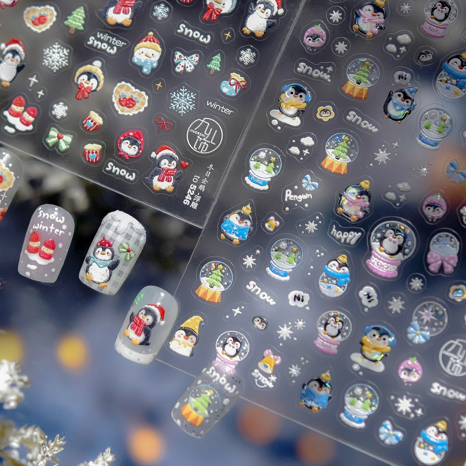 Lindo pingüino copo de nieve Bowknot bola de cristal sombrero rojo estrella pino calcetines fresa invierno nieve corazón Nail Art pegatina manicura calcomanía