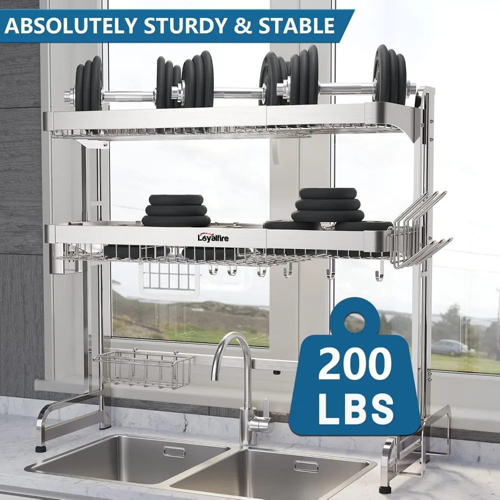 Escurreplatos para fregadero, escurridor de vajilla de 3 niveles de longitud ajustable (20,87 ''a 37,6''), gran almacenamiento de acero inoxidable