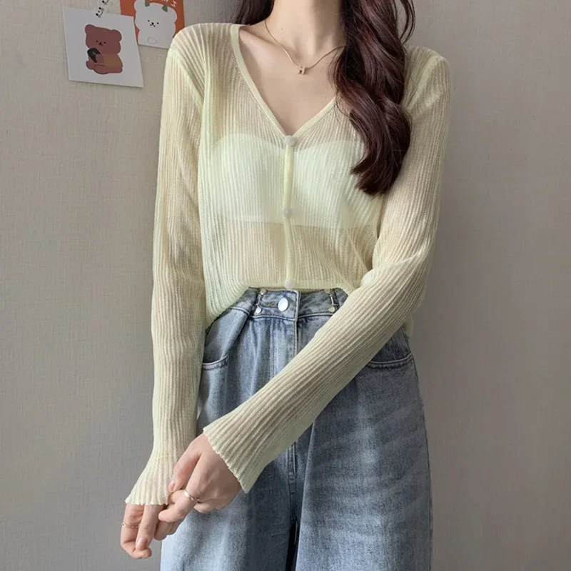 Knitted White Cardigans Women Summer Sunscreen Long Sleeve Cropped Shrug Korean See Through Kimono Tops Fashion Sweater