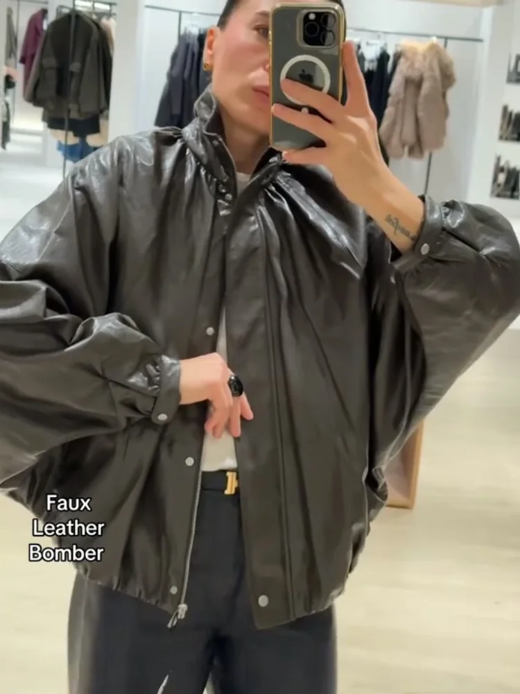 Giacca casual in pelle con mantella con maniche a pipistrello Colletto alla coreana da donna Cappotti bomber monopetto con cerniera a maniche lunghe Cappotto da strada quotidiano da donna