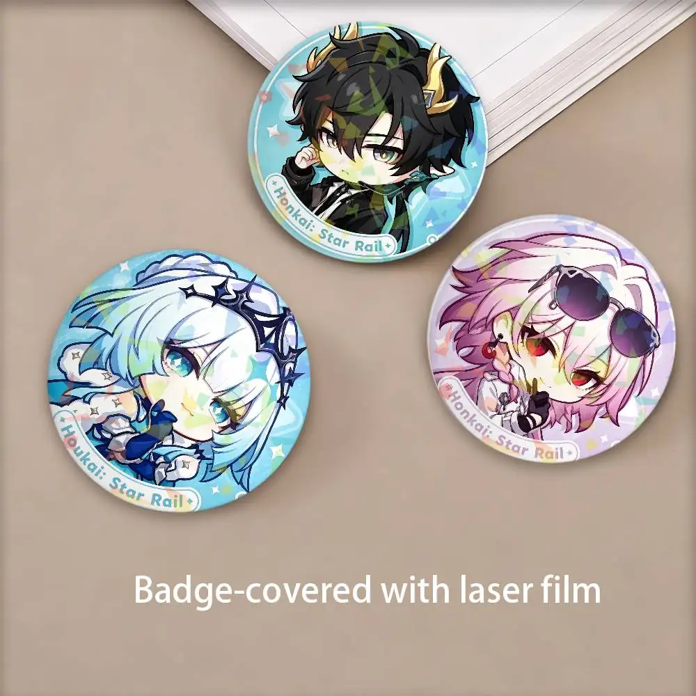 Game Honkai Star Rail Cute Round Badge Lapel Pins for Backpacks Briefcase Laser Brooch Clothes Gifts