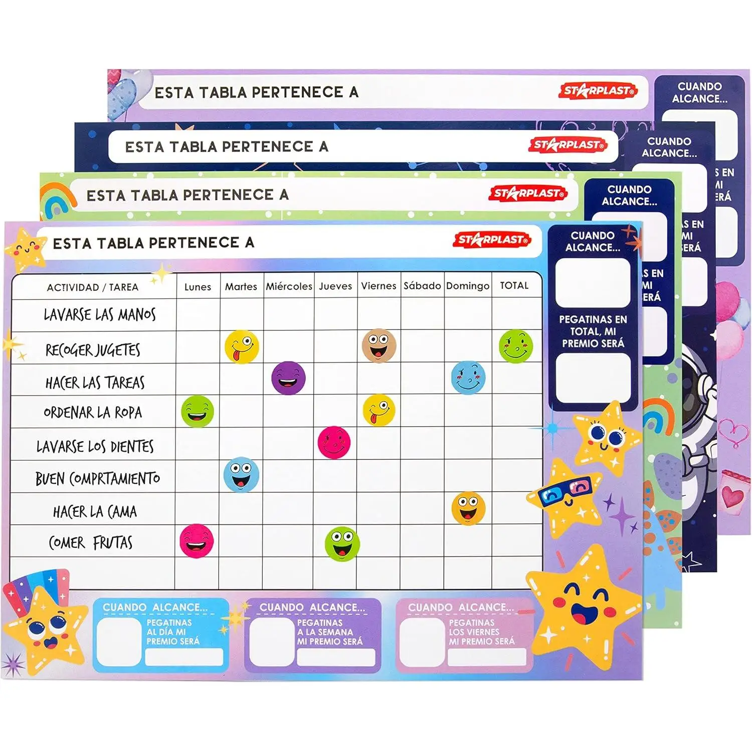Tablas de recompensa A4 Starplast Incluye 16 láminas de pegatinas, 4 diseños.