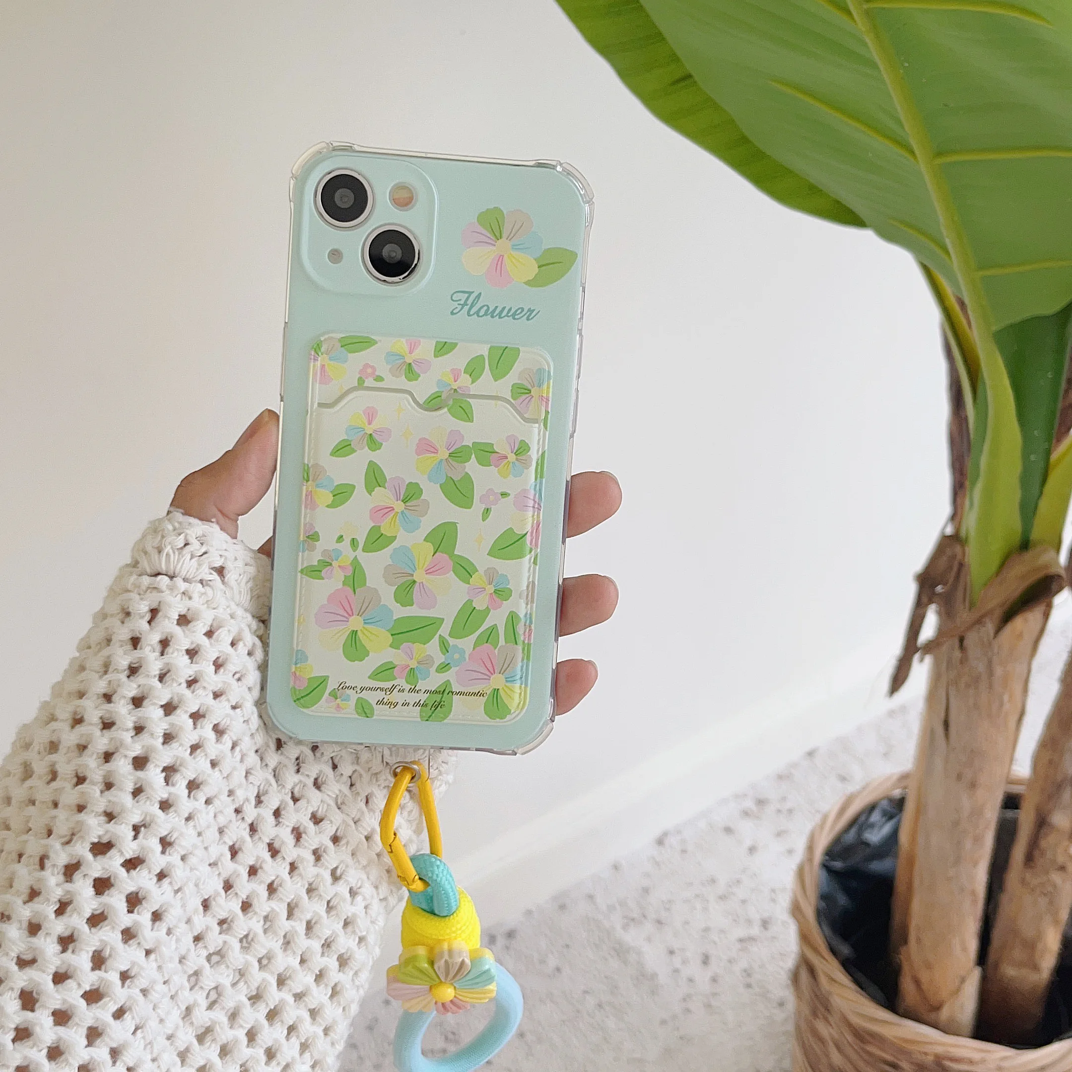 Colored Flowers Card Bag Shockproof Phone Case Suitable for iPhone 15 11 12 13 14 Pro Max Phone Strap Phone Lanyard Protector