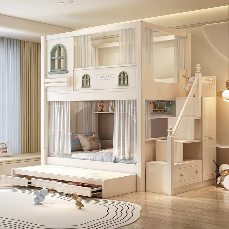 Children's bunk up and down Same width Castle bunk  High guardrail Two floors High and low bed Mother and child