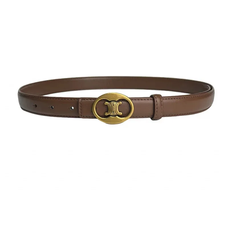 Women's Belt Versatile Retro Bronze Buckle Cowhide Thin Belt 2.3 Simple and Elegant Decorative Dress Suit Apparel Accessories
