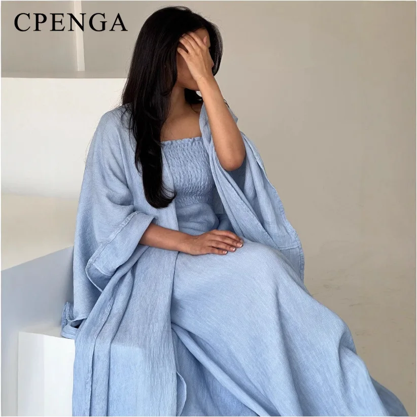 طقم كارديجان إسلامي مكون من قطعتين للنساء فستان عباية متواضع أنيق في دبي مع رداء قفطان تركي للحفلات الإسلامية الداخلي