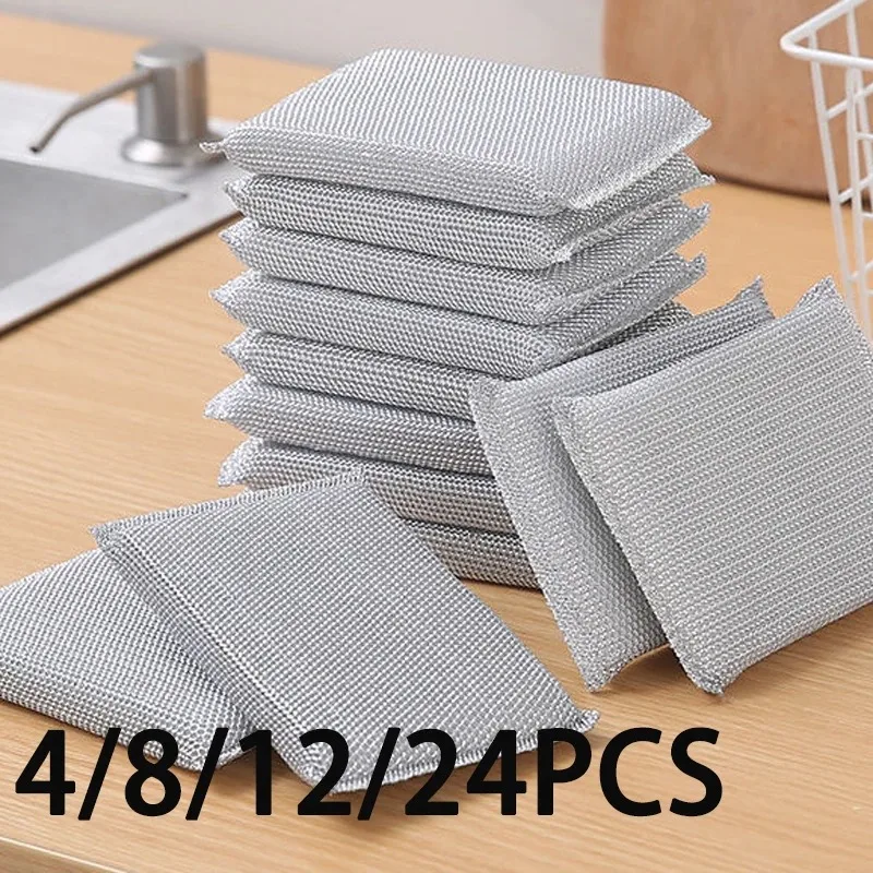 Magic Steel Wire Sponge Wipe Non-stick Oil Brush Reusable Double Sided Cleaning Cloth Kitchen Dishcloth Scouring Pad Rags Towels