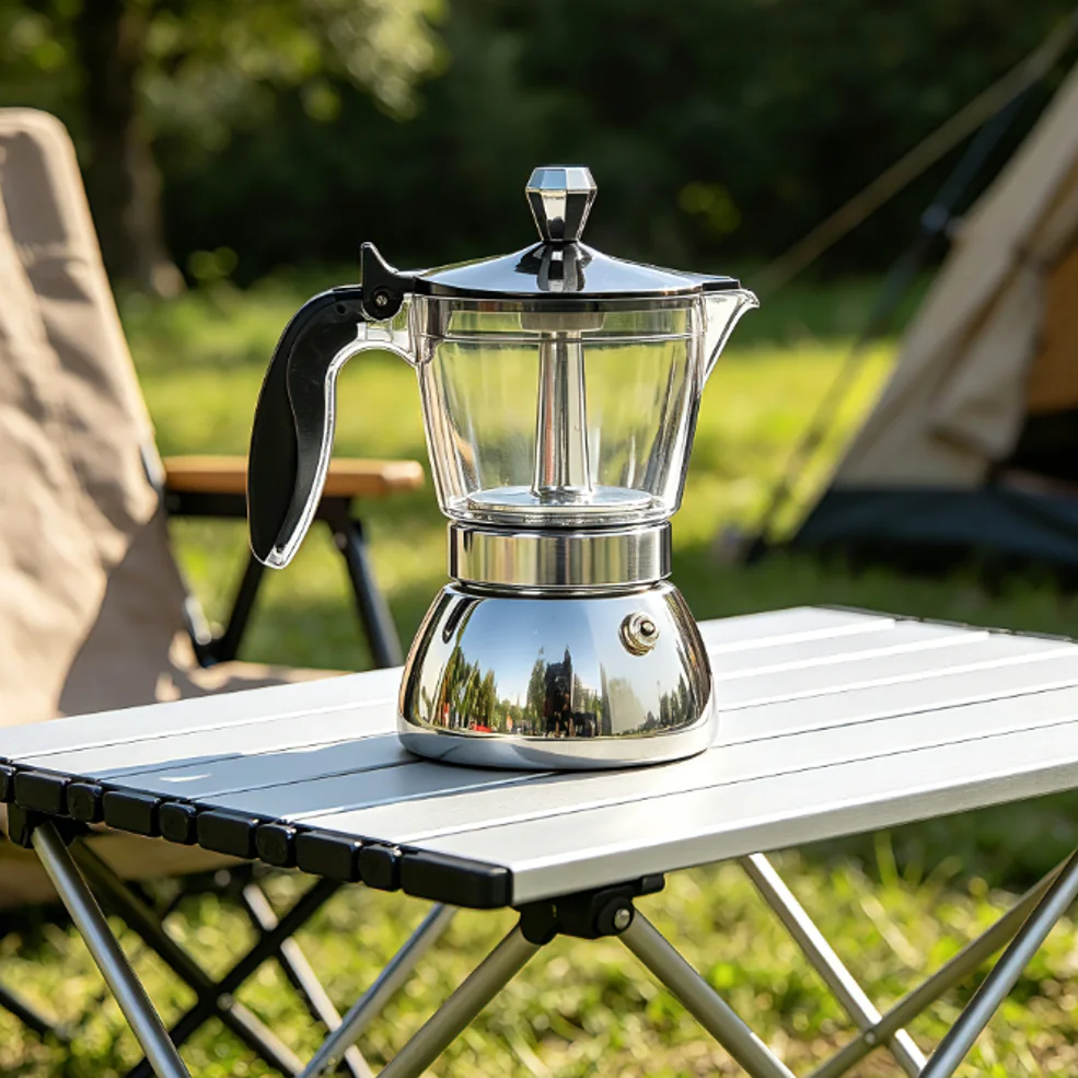 4/6 See-Through Stainless Moka Pot. Unique Clear Resin Body, 430 Base. Home/Office/Camping Use. Works on Induction & Gas