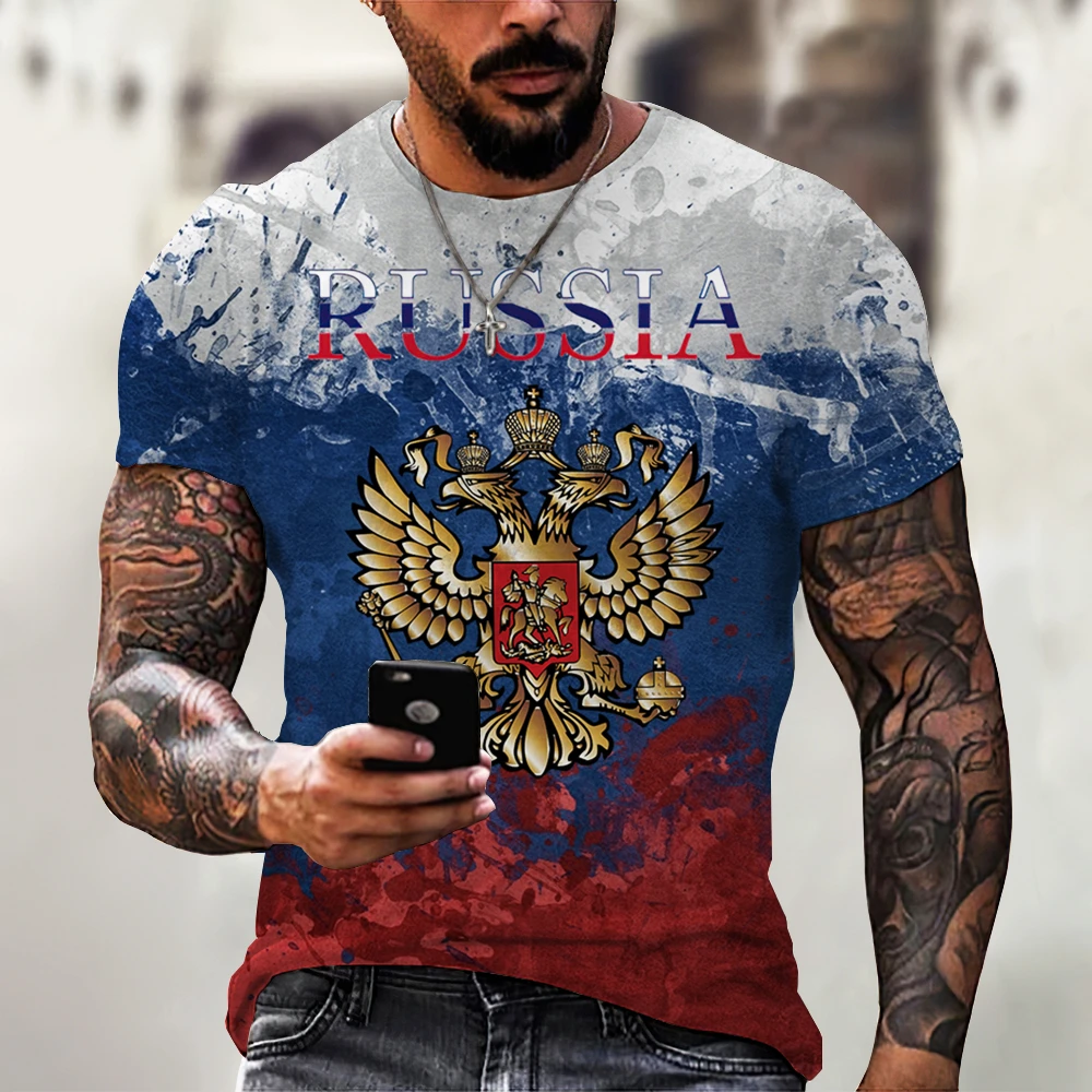 Camisetas con estampado 3D de oso ruso para hombre, cuello redondo, bandera rusa, manga corta, ropa de calle, Tops de gran tamaño, moda de verano