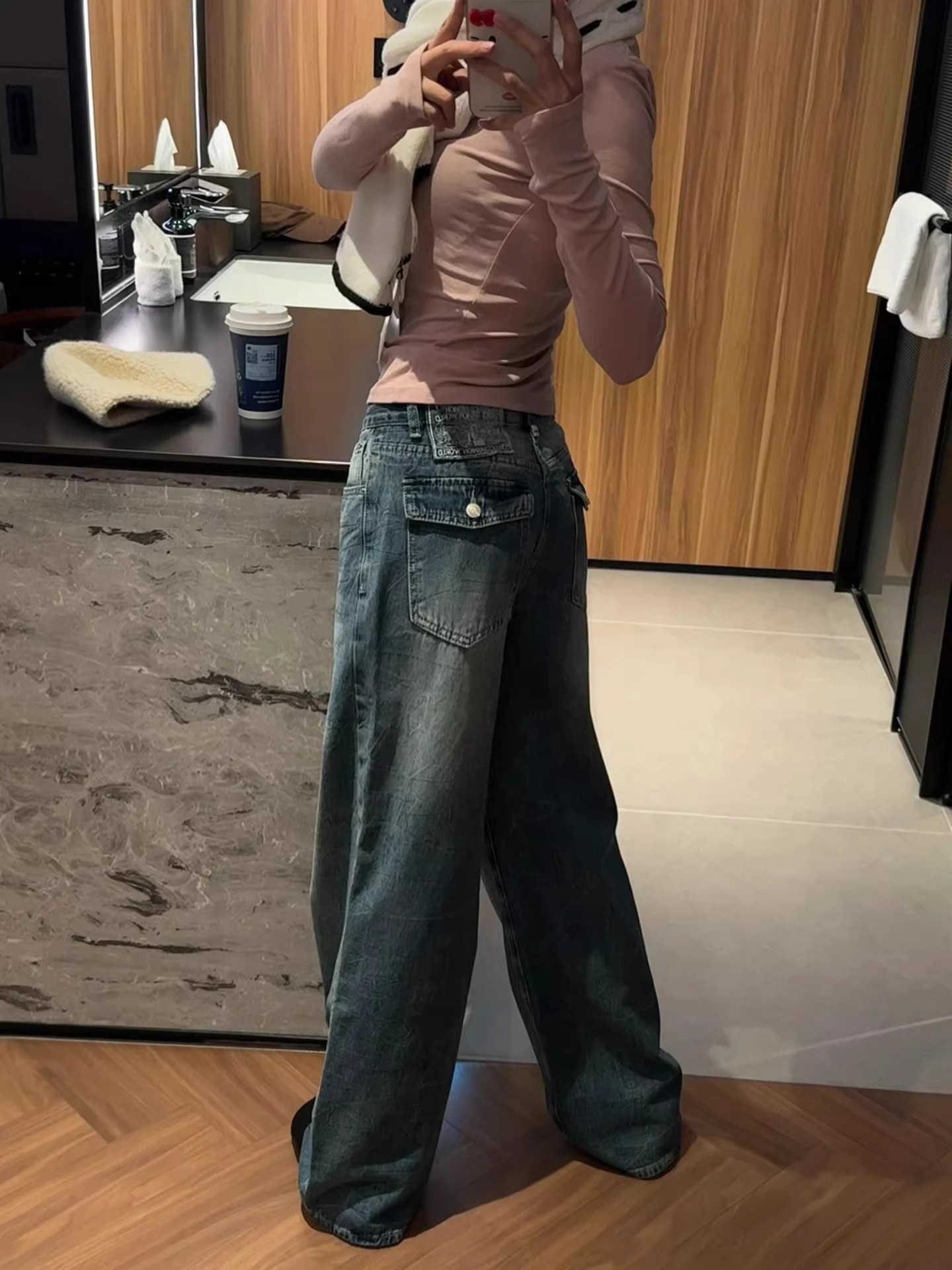 

Retro American Low Waist Wide Leg Jeans Women's Loose Drapey Design Tall Extended Straight Cut Pants Cotton Soft Comfortable