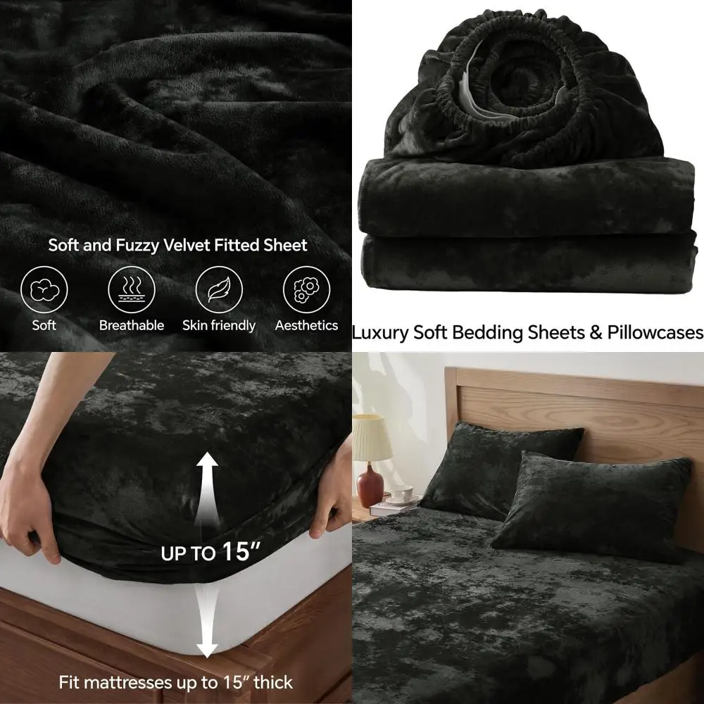 

Luxury Black King Size Velvet Fitted Sheet & Pillowcases with Soft Fuzzy Bottom and Deep Pockets
