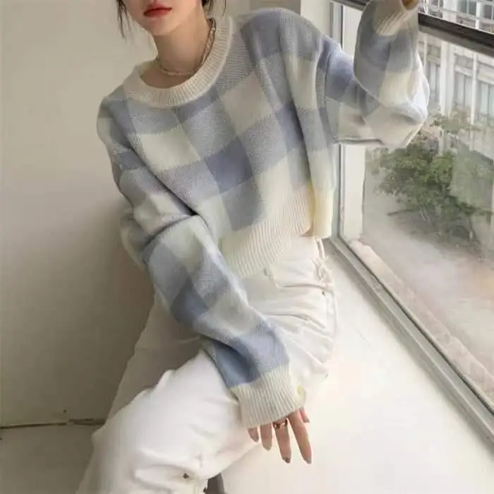 Sweater Women's Knitted Sweater Pullover Spring Autumn New Style Checkered Loose Short Style Round Neck Long Sleeved