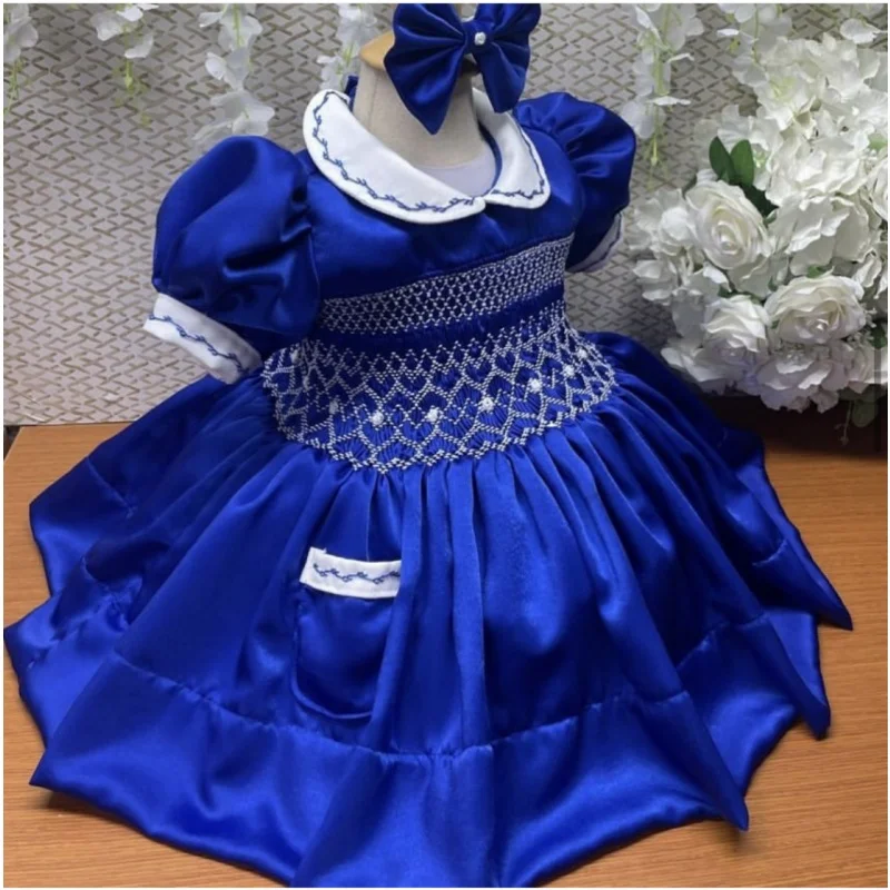 

0-12Y Baby Girl Summer Blue Smocked Handmade Turkish Vintage Princess Dress for Birthday Holiday Easter Photography Eid A209