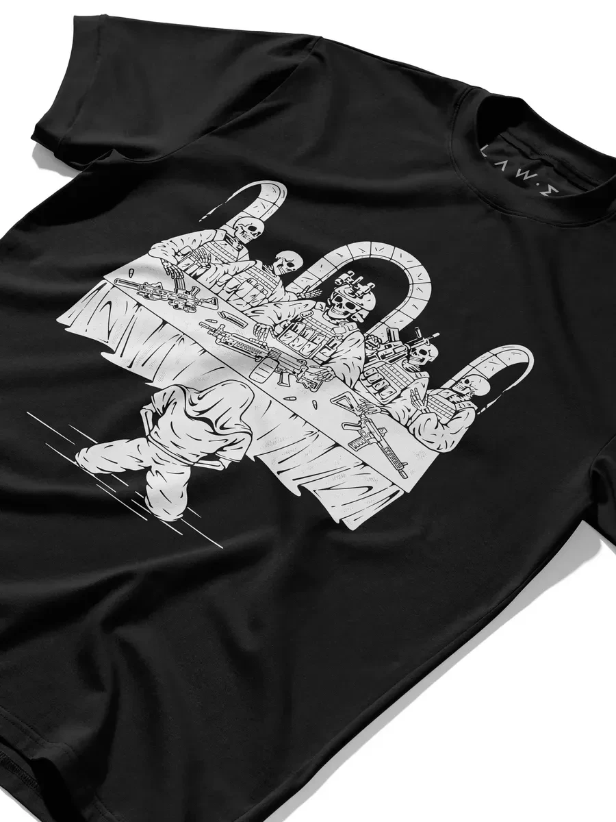 Men Tactical Skeleton Last Supper Graphic T Shirt Gun Soldier Skull Print Short Sleeve Cotton Casual Streetwear Tee