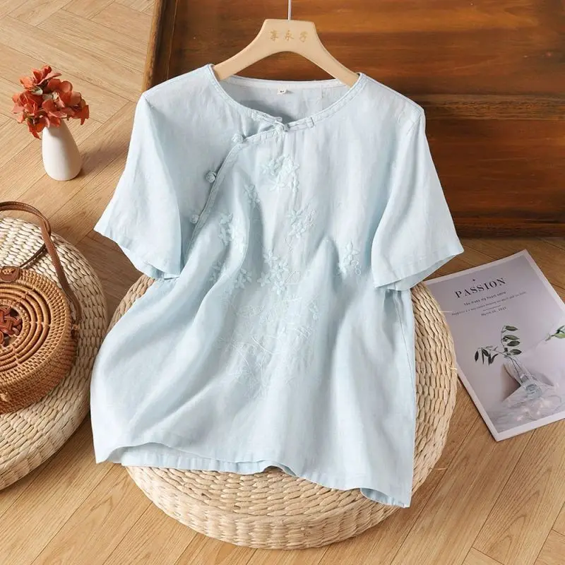 Women Summer Vintage Elegant Loose Cotton and Linen Embroidered O-neck Short Sleeve Shirts Ladies Casual All-match Buttons Tops