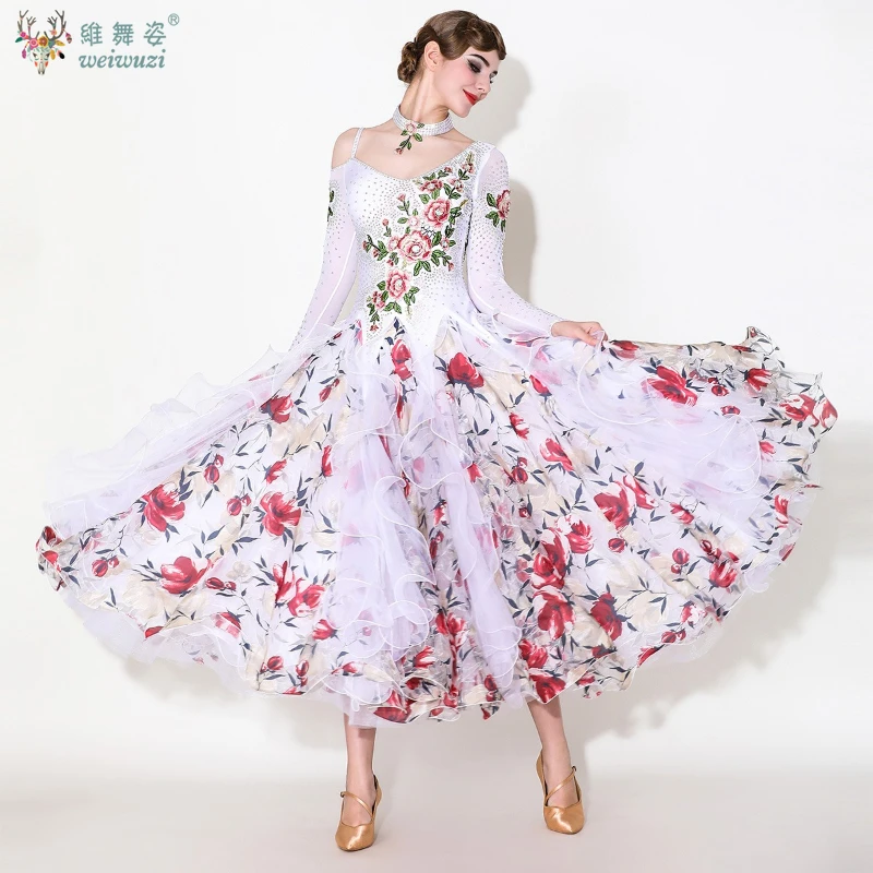 

Adult Female Social Dance Elegant Long Sleeve Big Swing Dresses Waltz Foxtrot Quickstep Standard Ballroom Competition Clothing