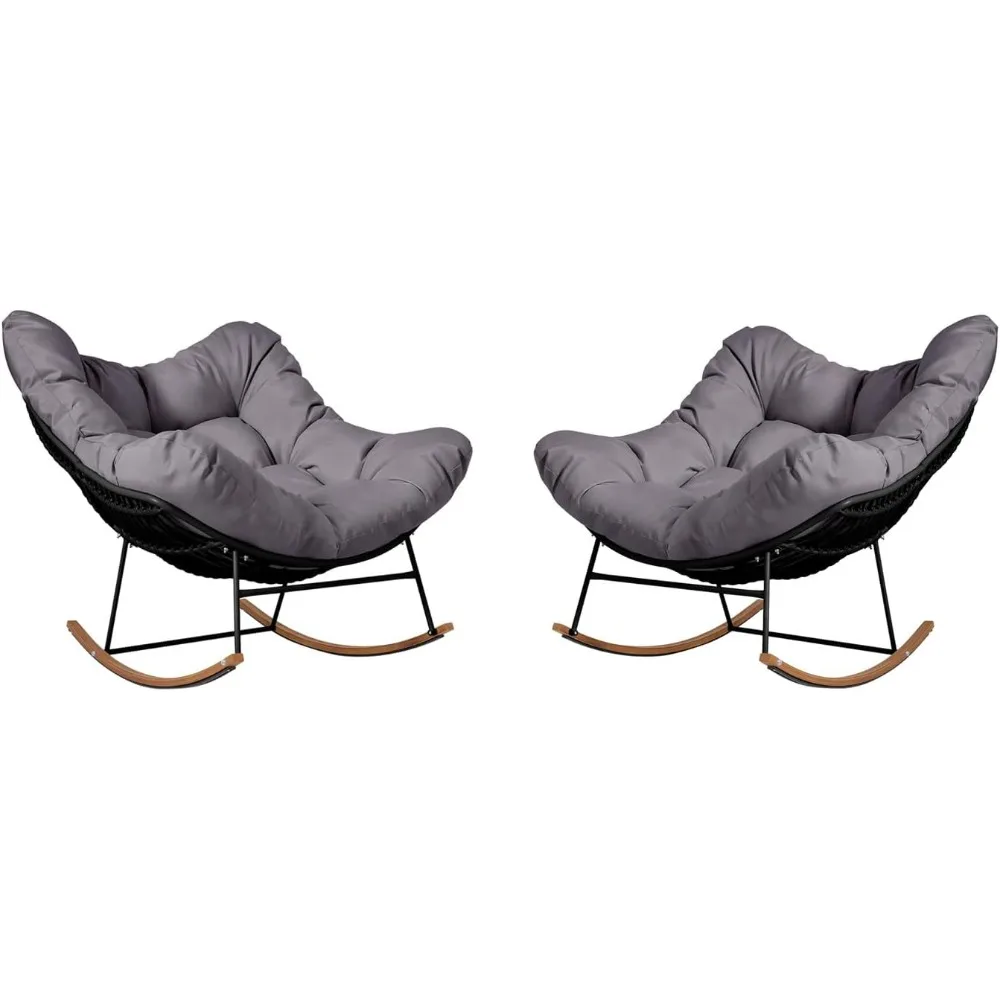

2-Piece Papasan Rocking Chairs, Outdoor Rocking Recliner Chair Set of 2 with Cushion for Front Porch Garden Patio Backyard, Gre