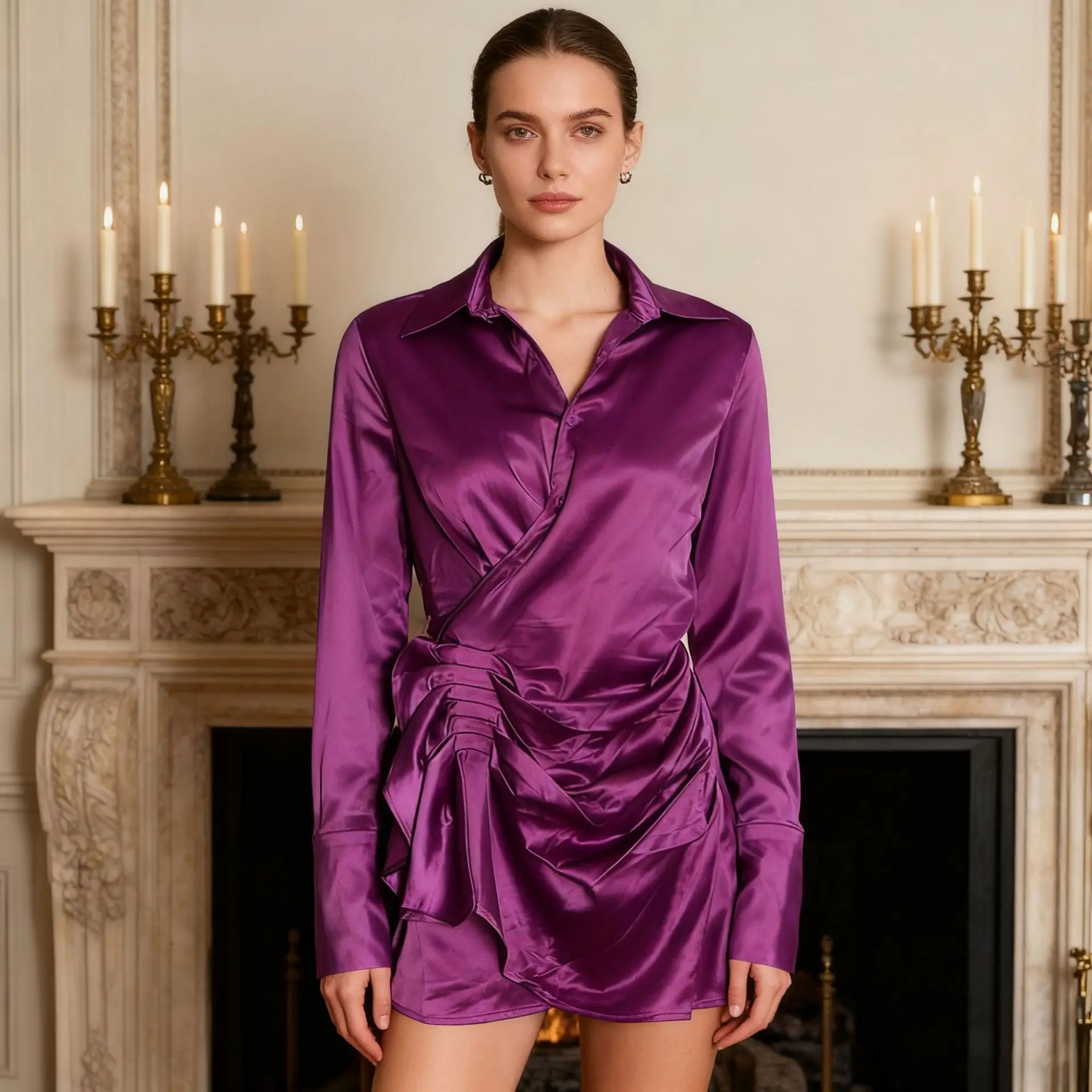 

2025 Autumn New Women's Purple Sexy Satin Shirt Skirt with Pleated Solid Color Dress Vestidos De Fiesta