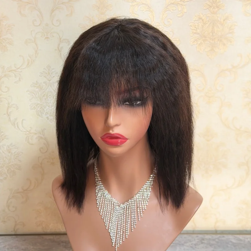 

14inchs kinky straight Wigs Human Hair with Bangs Natural Black Fringe Women Wigs Afro Hairs 100% Virgin Raw Lace Top Wig