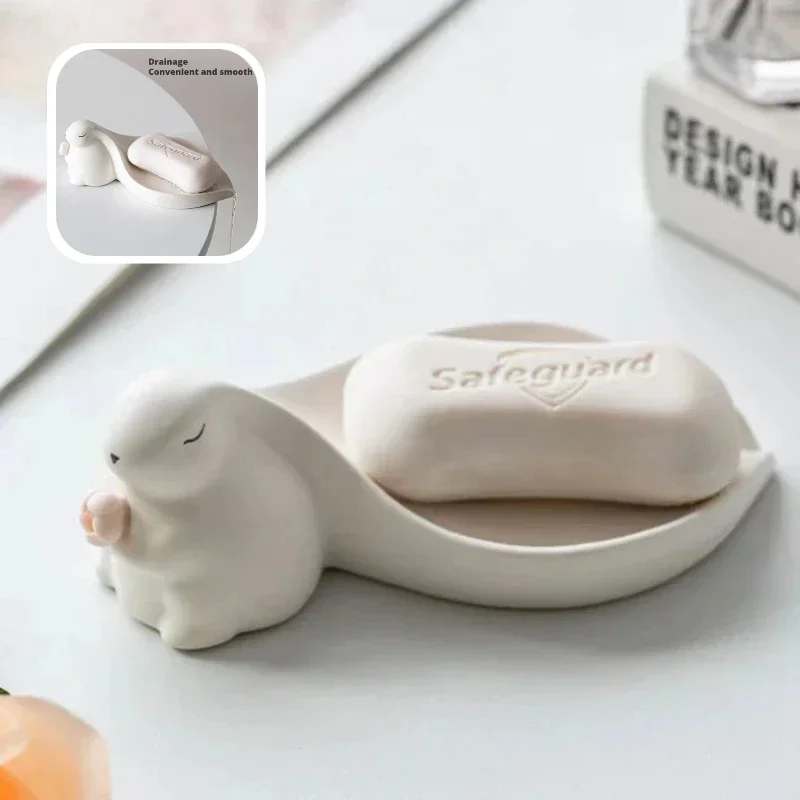 New Cute Rabbit Ceramic Soap Box Decorative Bathroom Drainage Soap Dish Storage Wash Desk Decor Home Accessories Christmas Gifts