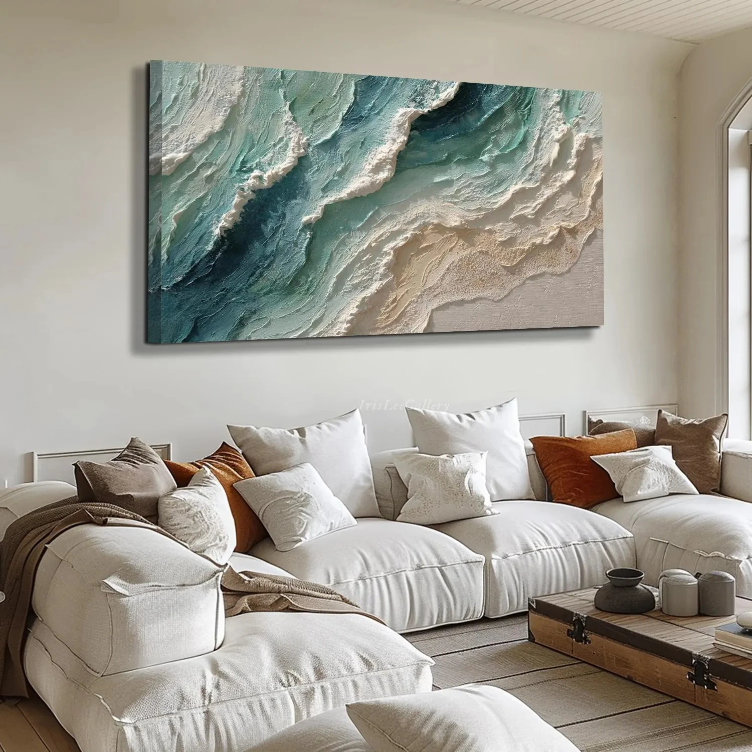 2d Flat Ocean Wave Oil Painting on Canvas Textured Coastal Wall Art Large Seascape Canvas Art Turquoise Blue Sea Wall Decor
