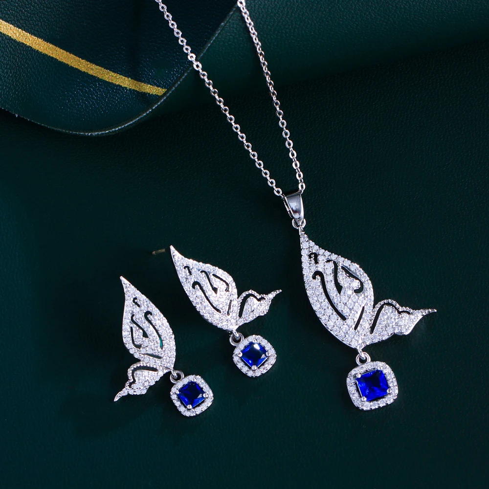 CWWZircons Brand Fashion Butterfly Shape Ladies Jewelry Silver Plated CZ Blue Crystal Dangle Earrings and Necklace Sets T158