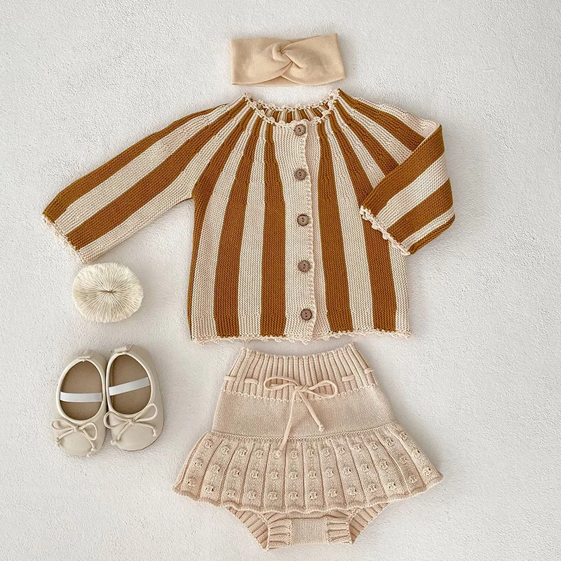 Conjunto de cardigã de malha comprida para bebês, roupas infantis, suéter de algodão, casaco, shorts, listrado, primavera, outono, malhas