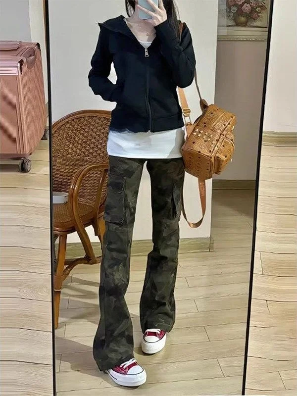 

Американские джинсы в рабочем стиле с камуфляжным принтом, свободного прямого кроя, с множеством карманов, в стиле High Street, ретро, из выстиранного денима, для женщин, весна