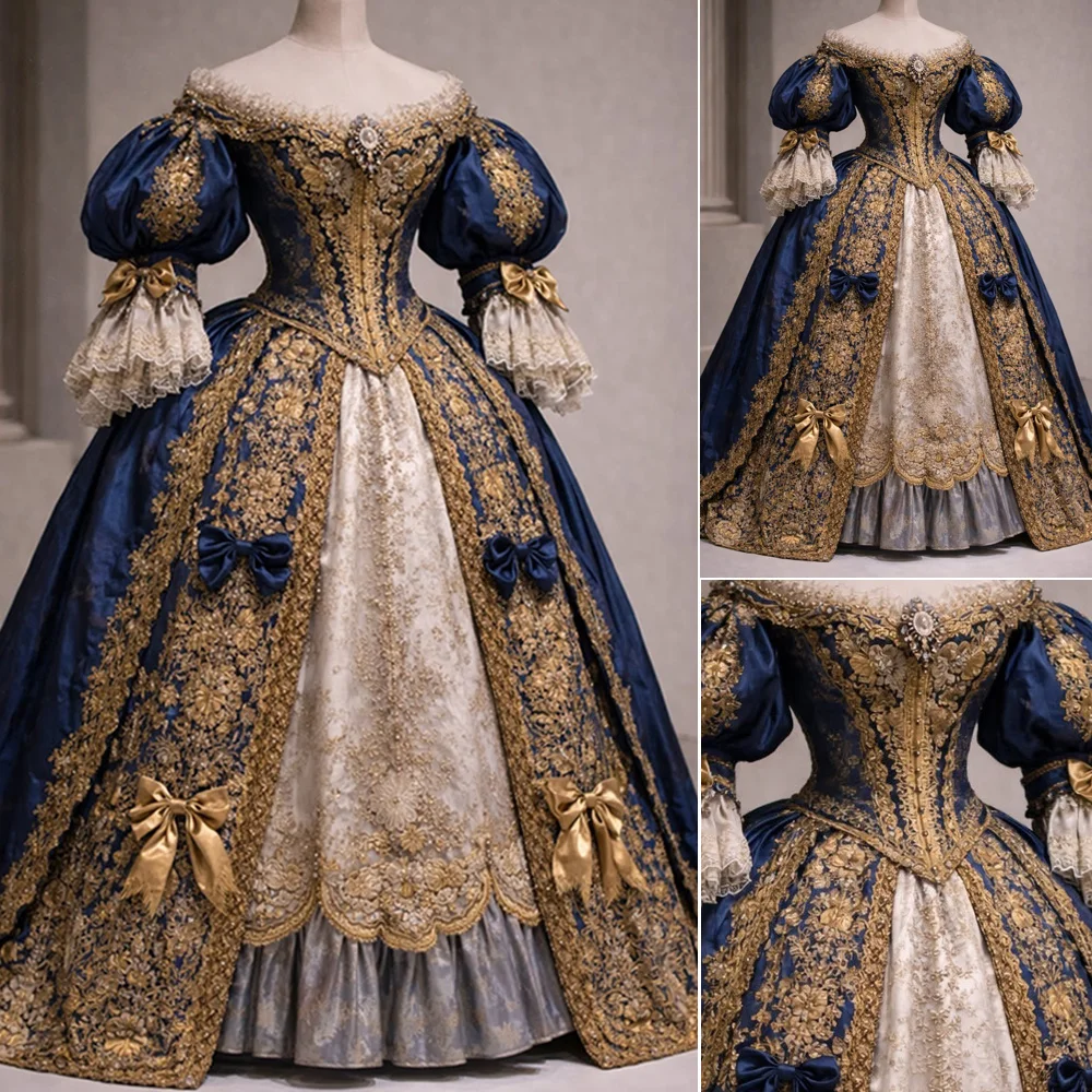 Luxuriöses Viktorianisches Barock-Rokoko Königliches Edles Französisches Hofprinzessinnen-Kostüm Goldene Spitze Mittelalterliches Abendkleid Ballkleid