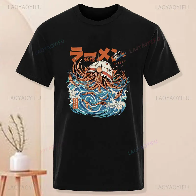 Funny Great Ramen Off Kanagawa Mens T Shirts Trendy 100% Cotton Short-sleev T-Shirt Hip Hop Harajuku Casual Loose Women Clothes