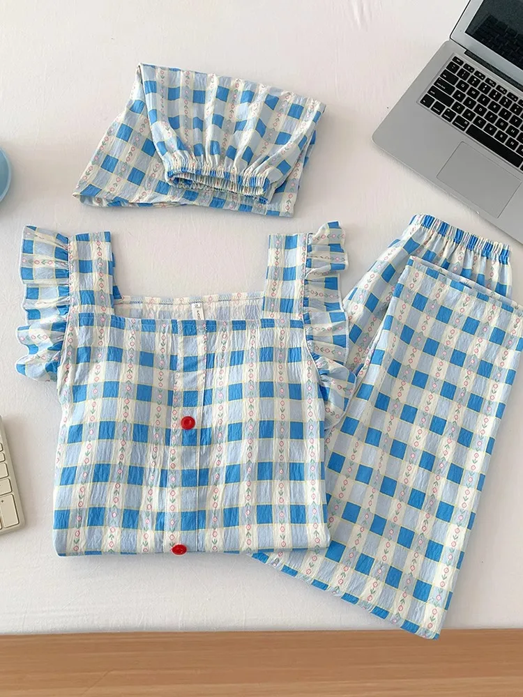 

2025 New Sweet Grid Pattern Cloud Cotton Women's Sleepwear Set with Chest Pad Thin Fluffy Sleeve Home Clothes Three-Piece Set