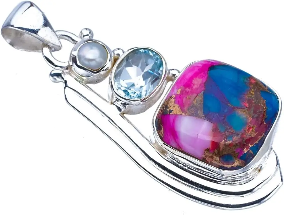 

Hesy Natural Copper Chalcedony River Pearl And Blue Topaz Handmade 925 Sterling Silver Pendant 1.75" F3777