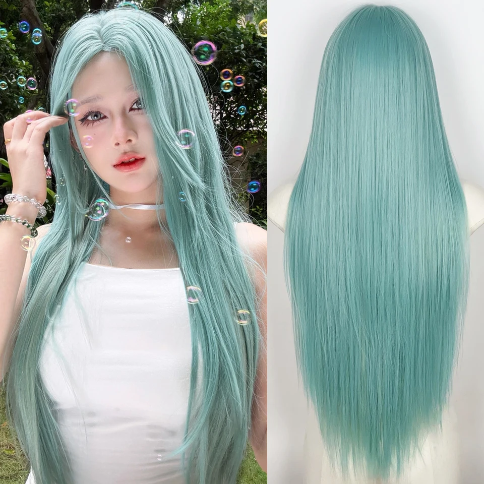 Green Long Straight Synthetic Wigs For Women Small Lace Front Wig High Temperature Fiber Green Cosplay Wig